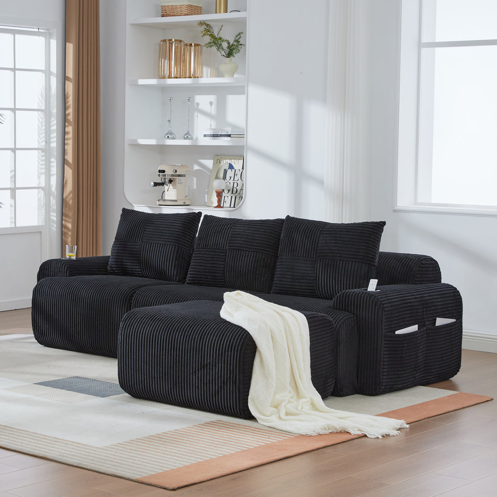 Black Corduroy 3-Seater Modular Sofa with Ottoman — detail 13