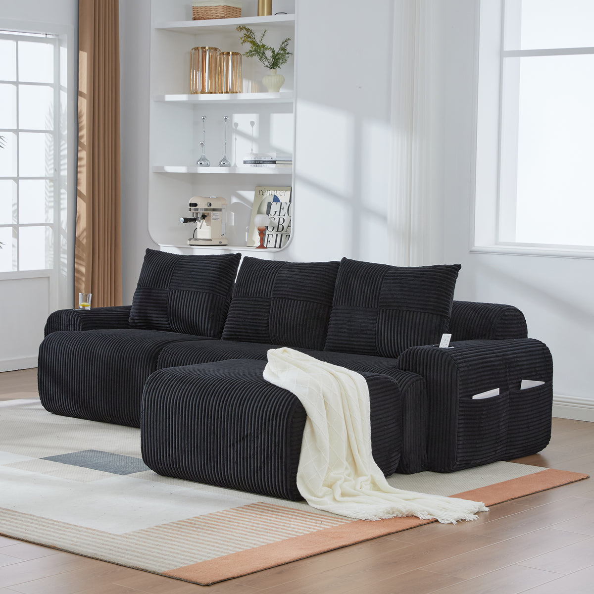 Black Corduroy 3-Seater Modular Sofa with Ottoman — detail 13