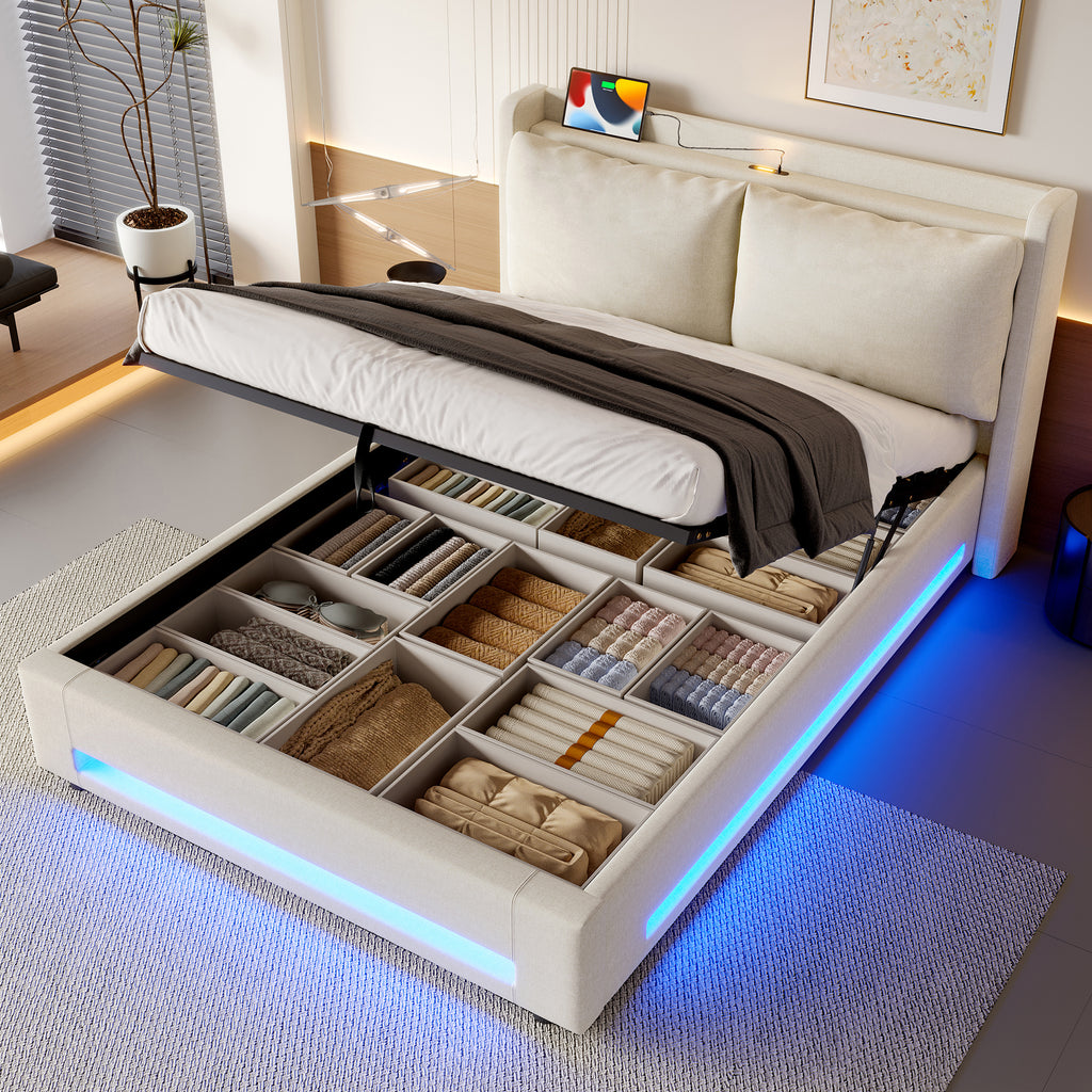 Beige Linen Storage Bed Frame – 180 × 200 cm — detail 7