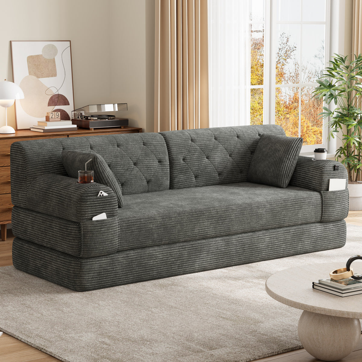 Dark Grey Corduroy 3-Seater Sofa Bed — detail 8