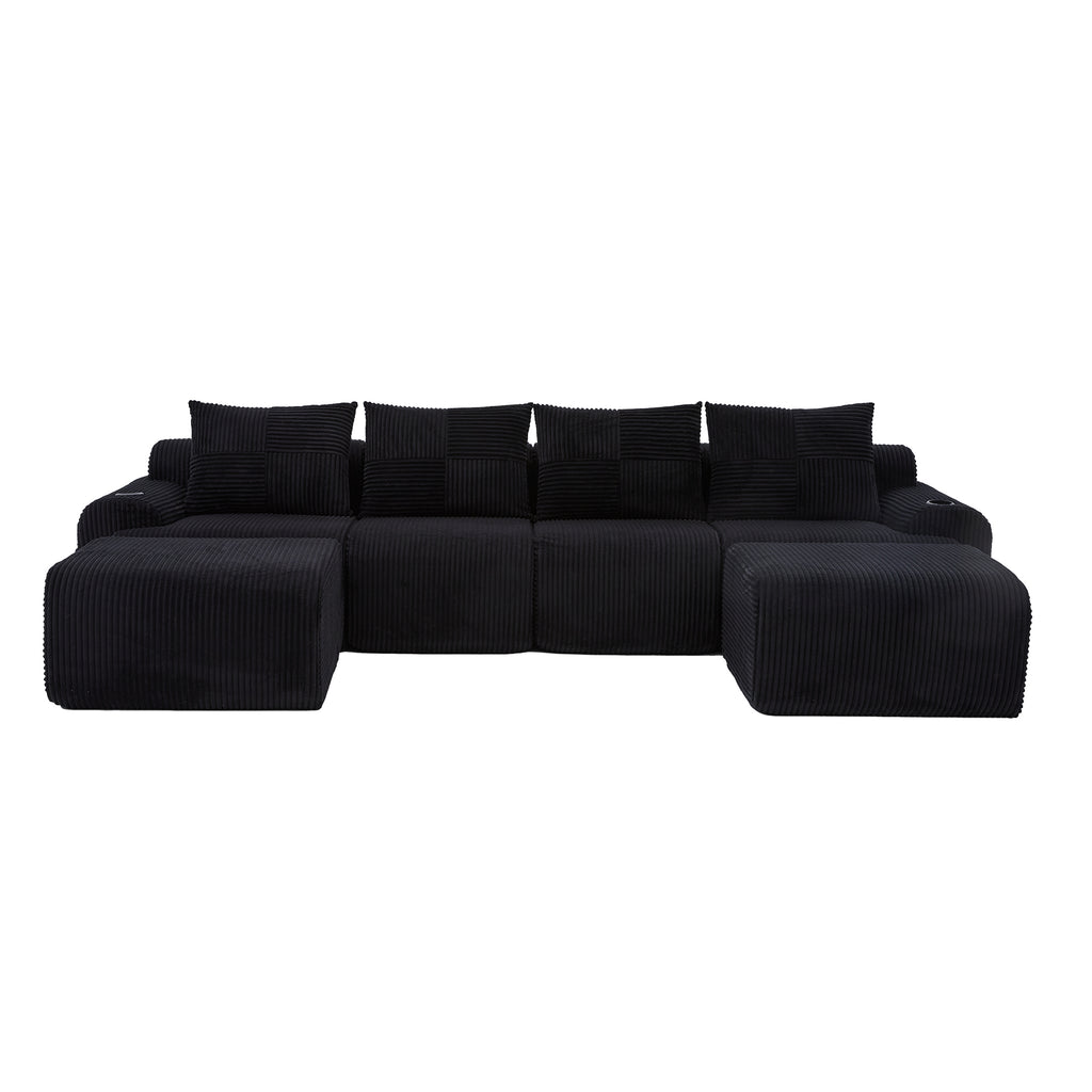Black Corduroy 4-Seater Modular Sofa with Two Ottomans — detail 19