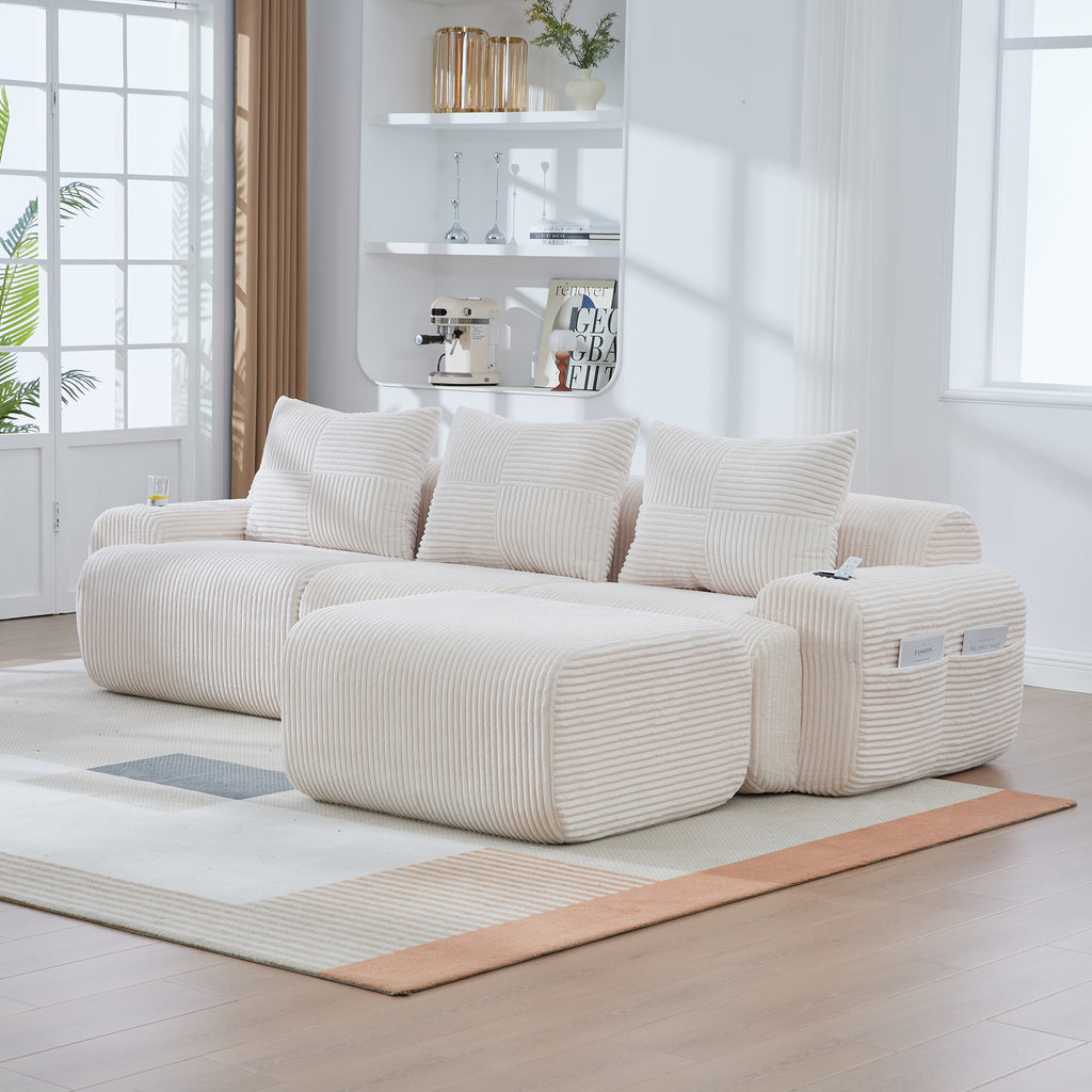 Beige Corduroy 3-Seater Modular Sofa with Ottoman — detail 16