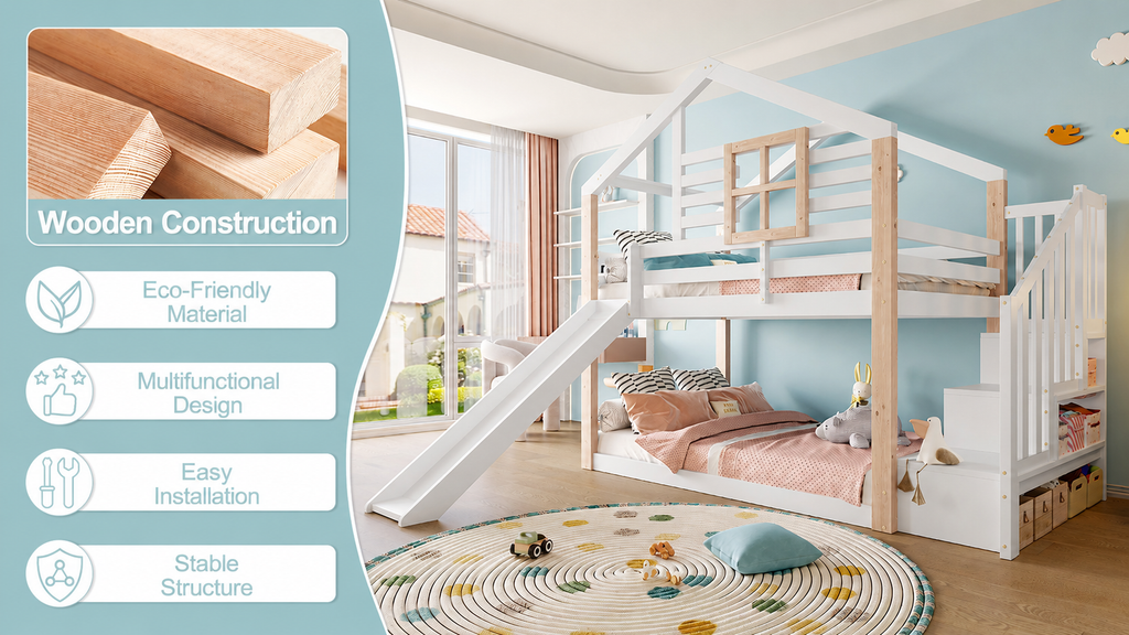 White Wooden Bunk Bed with Slide and Storage Stairs — detail 10