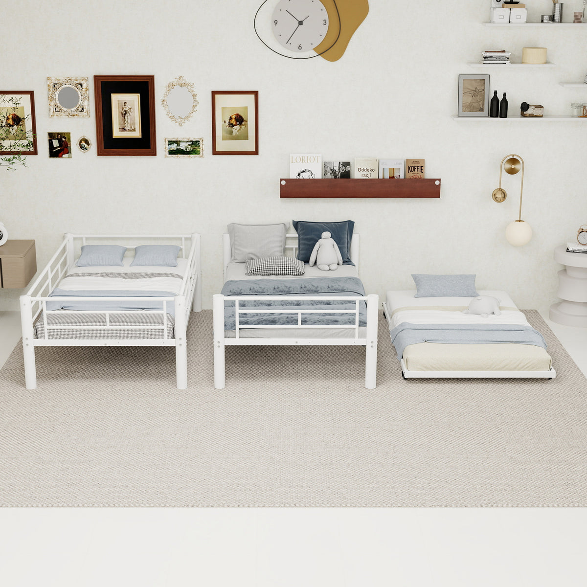 White Metal Bunk Bed with Pull-Out Trundle – 90 × 190 cm — detail 5