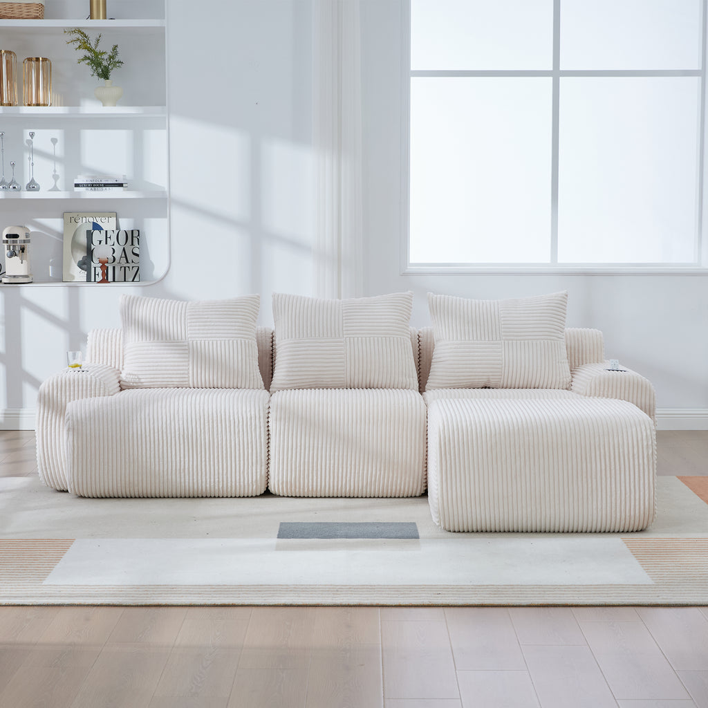Beige Corduroy 3-Seater Modular Sofa with Ottoman — detail 15