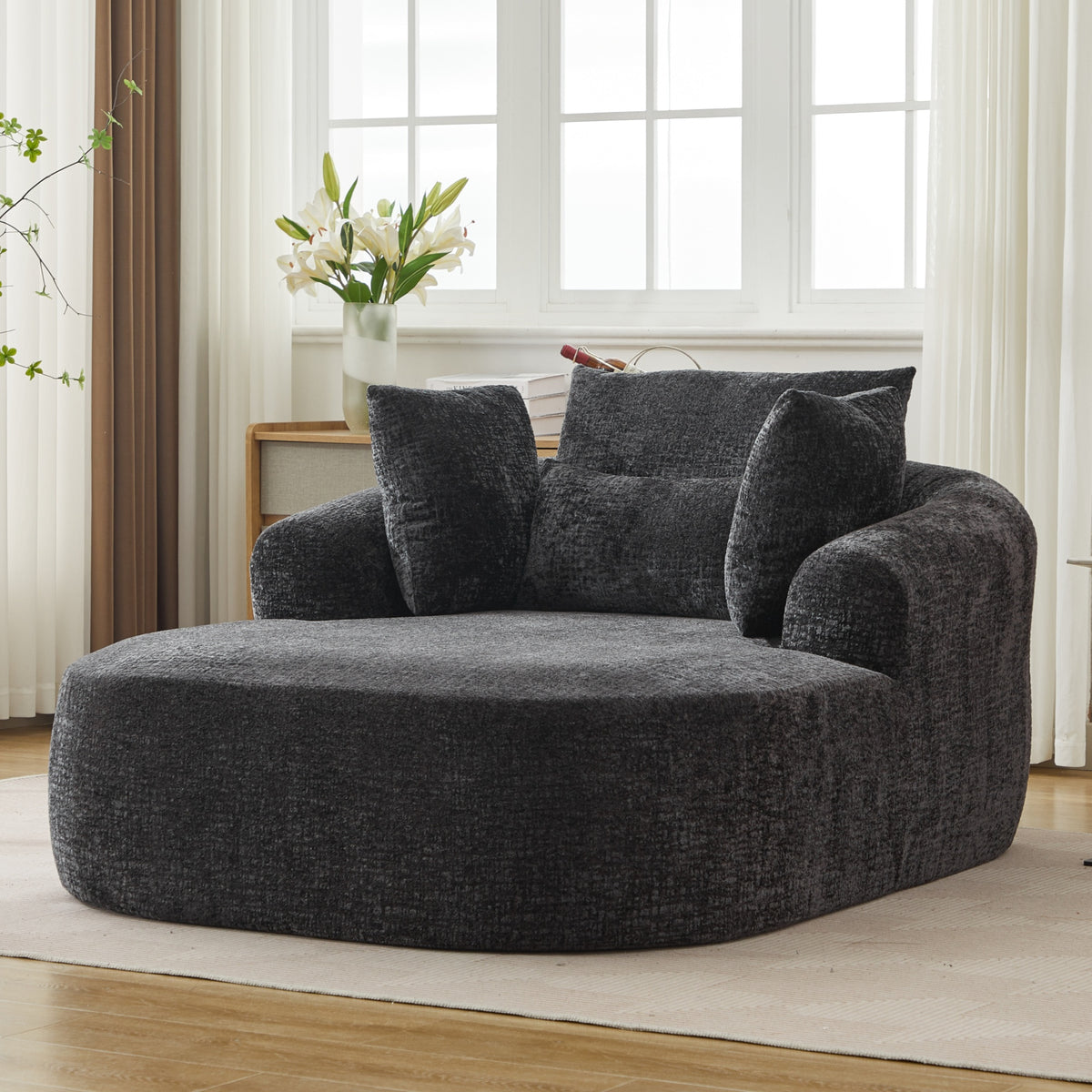 Black Oversized Chenille Chaise Lounge with Pillows — detail 6