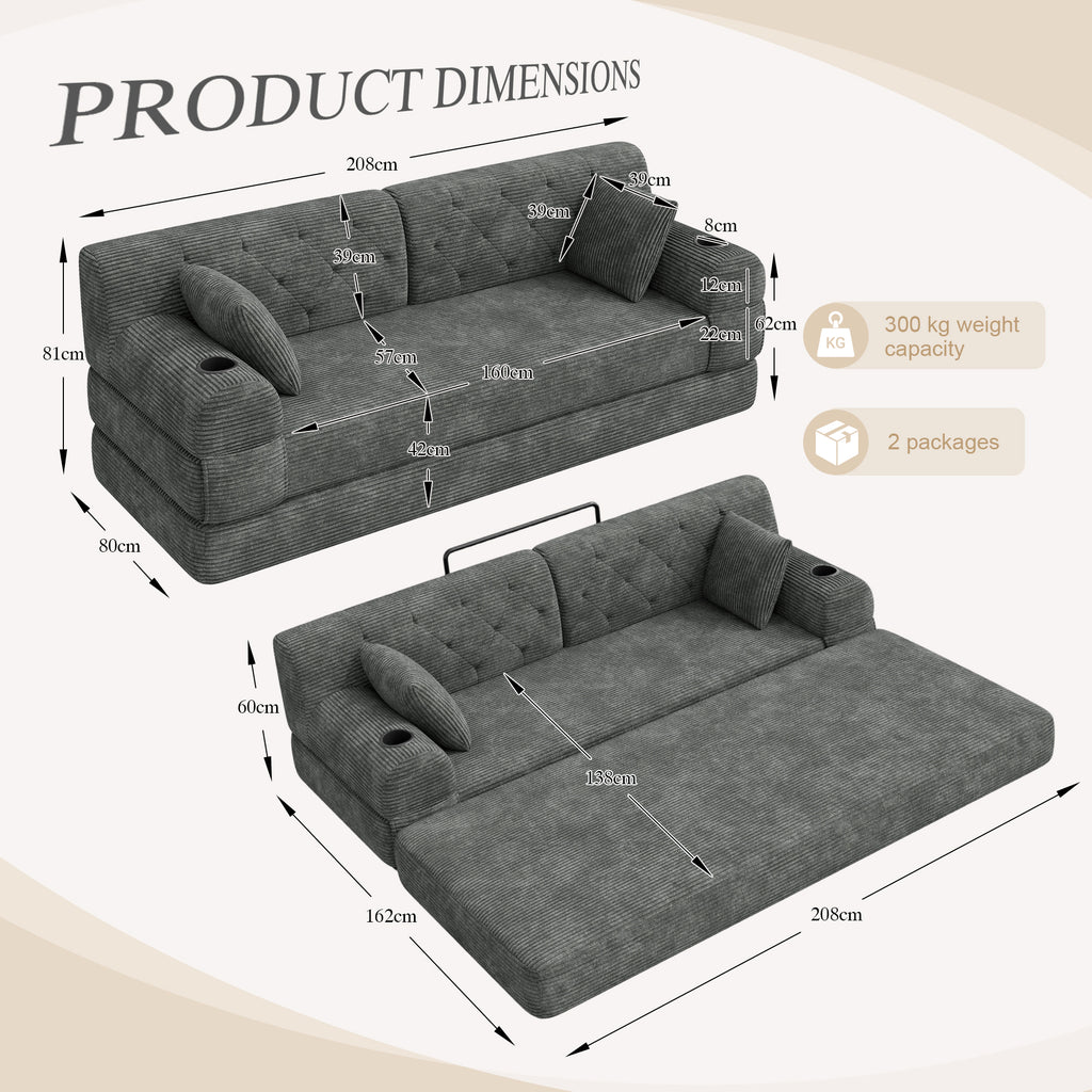 Dark Grey Corduroy 3-Seater Sofa Bed — detail 2