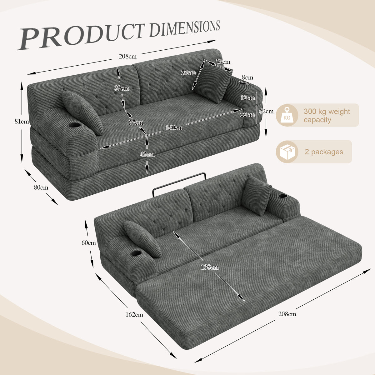 Dark Grey Corduroy 3-Seater Sofa Bed — detail 2