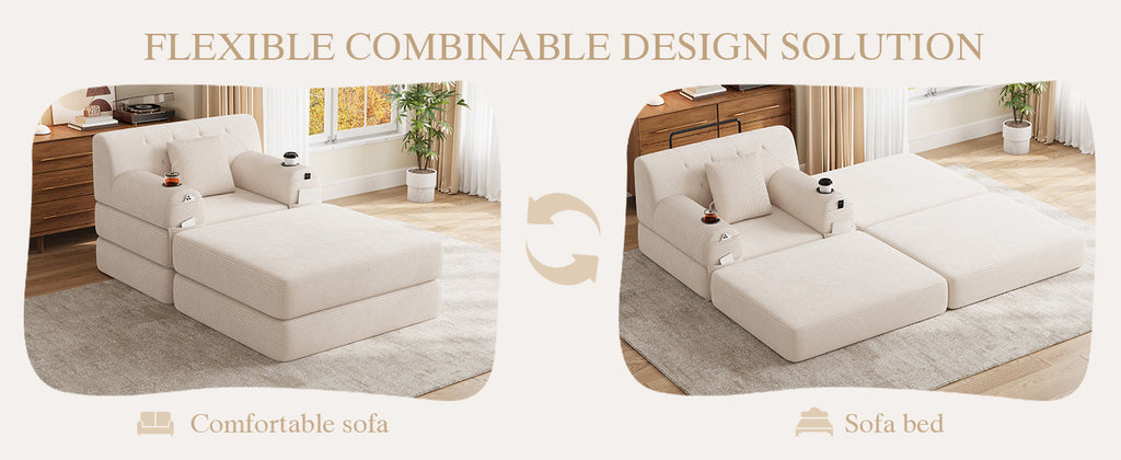 Beige Corduroy Sleeper Chair with Ottoman — detail 15