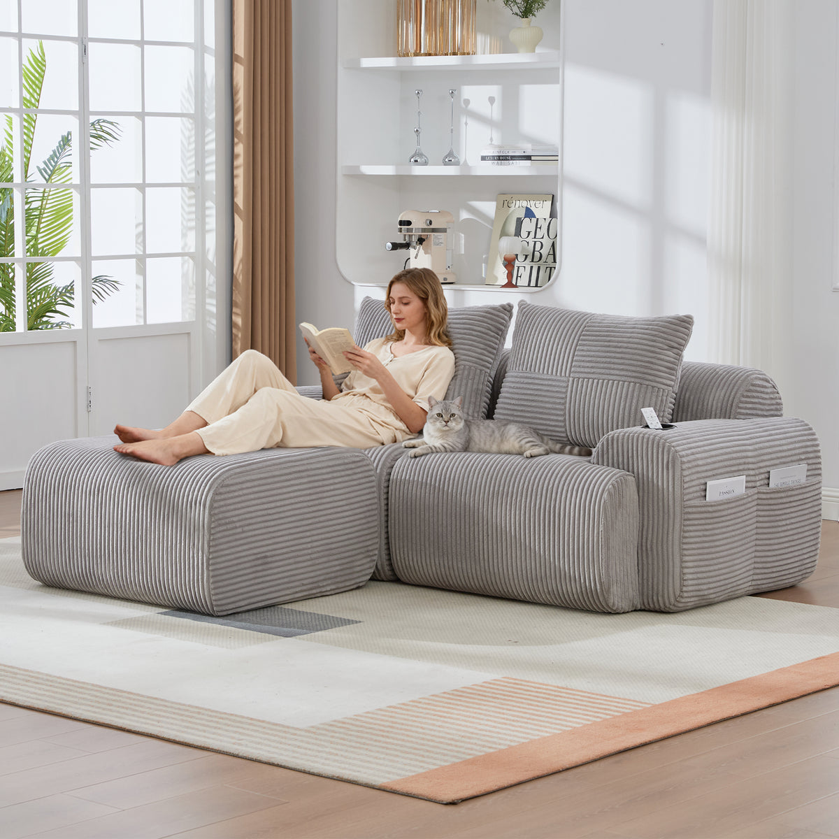 Light Grey Corduroy 2-Seater Modular Sofa with Ottoman — product view