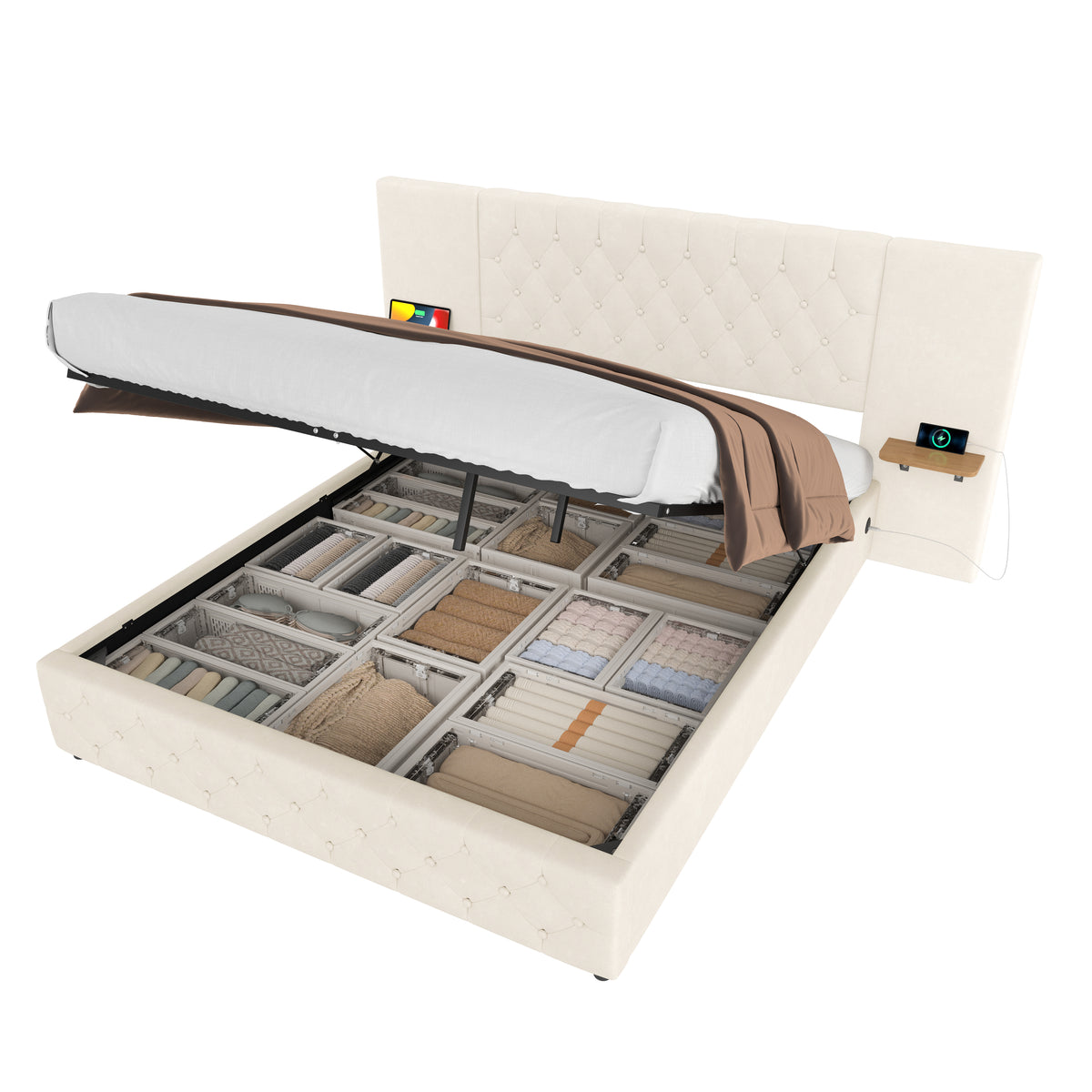 Beige Velvet Storage Bed Frame – 135 × 190 cm — detail 14