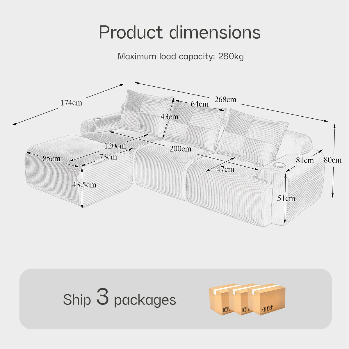 Dark Grey Corduroy 3-Seater Modular Sofa with Ottoman — detail 2