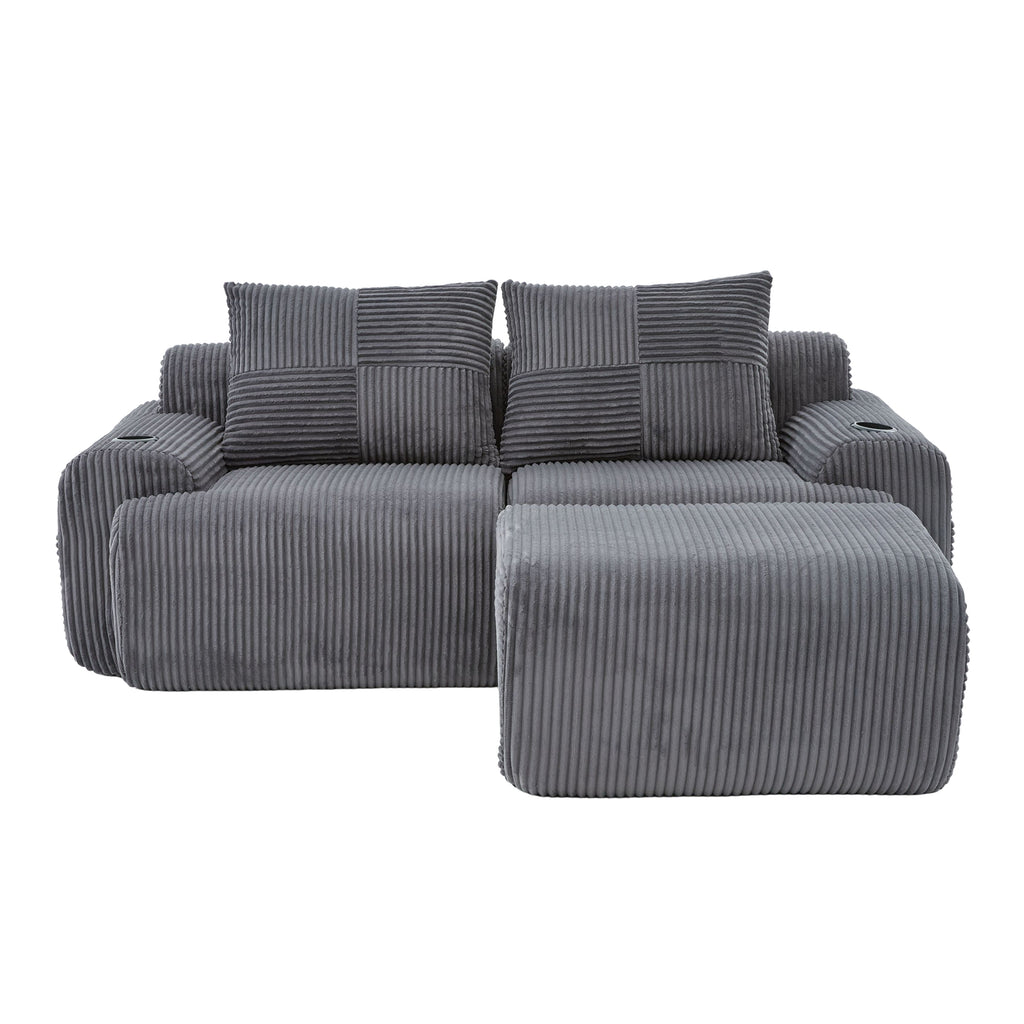 Dark Grey Corduroy 2-Seater Modular Sofa with Ottoman — detail 18