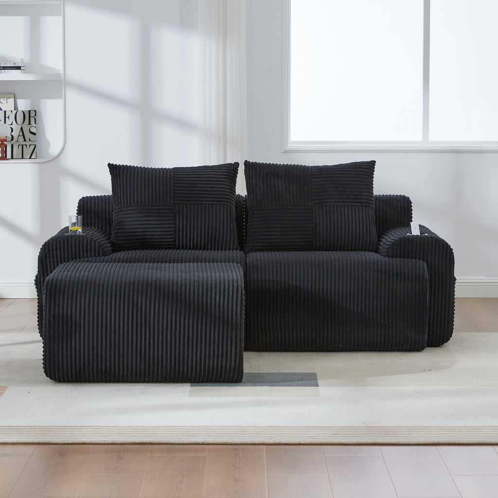 Black Corduroy 2-Seater Modular Sofa with Ottoman — detail 15