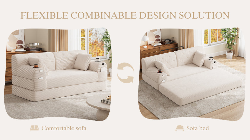 Beige Corduroy 2-Seater Sofa Bed — detail 15