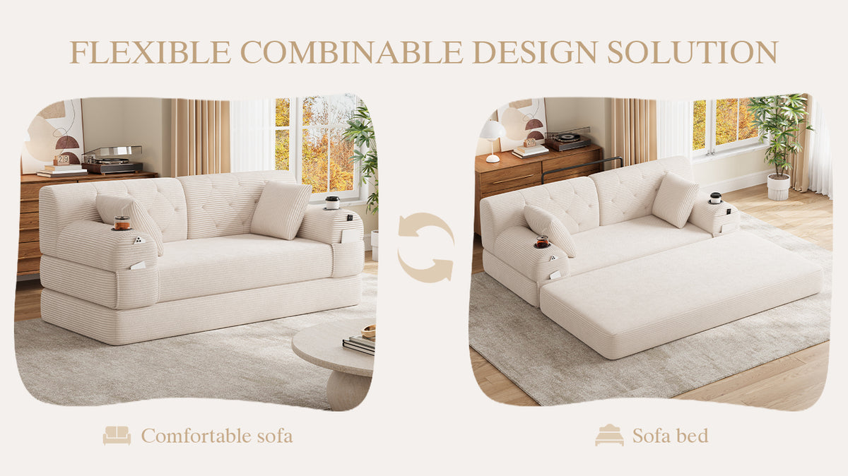 Beige Corduroy 2-Seater Sofa Bed — detail 15