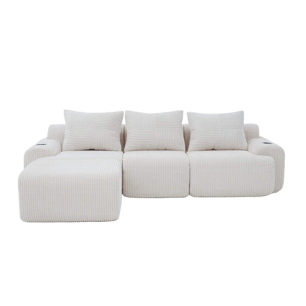 Beige Corduroy 3-Seater Modular Sofa with Ottoman — detail 20