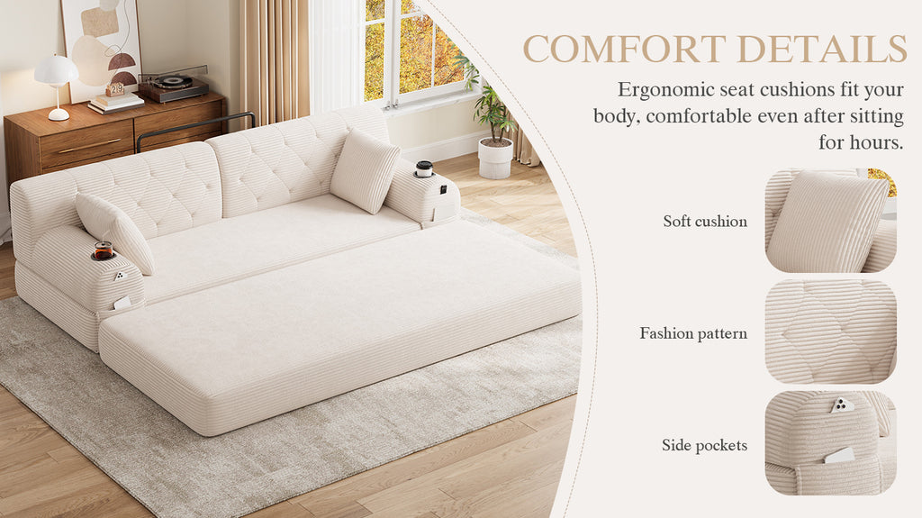 Beige Corduroy 3-Seater Sofa Bed — detail 20