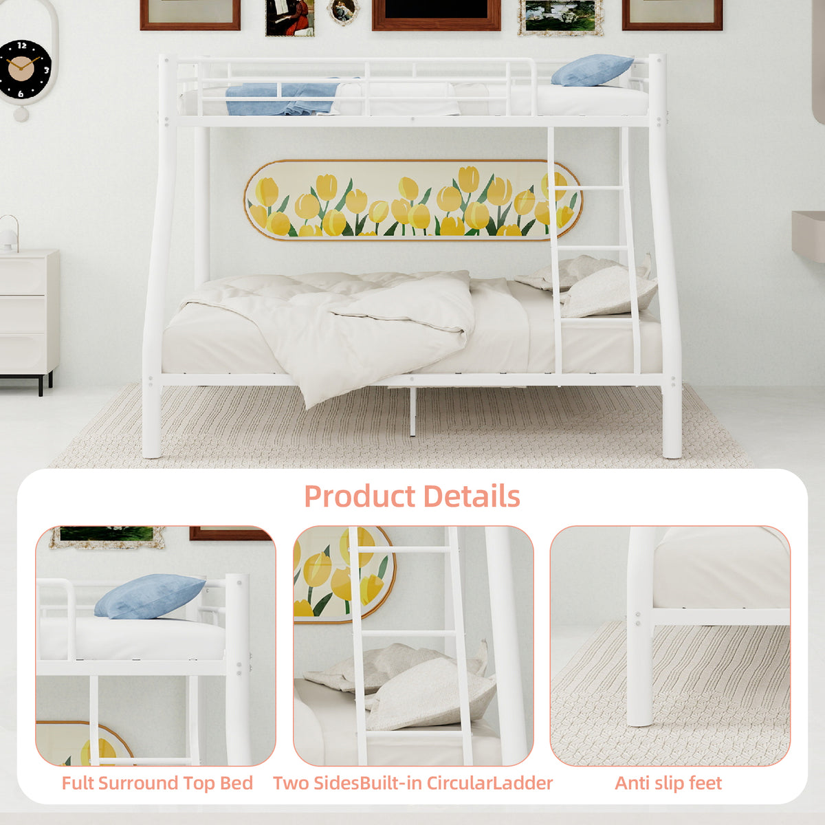 White Metal Bunk Bed – Single over Double — detail 4
