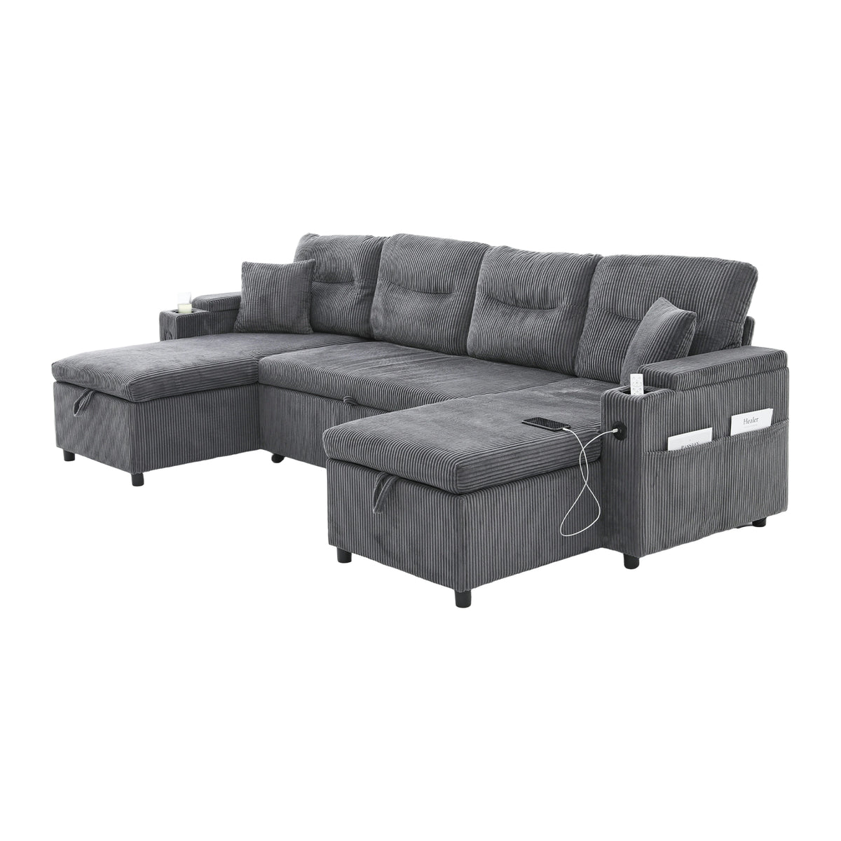 Charcoal grey Oversized Chenille Chaise Lounge with Pillows — detail 26