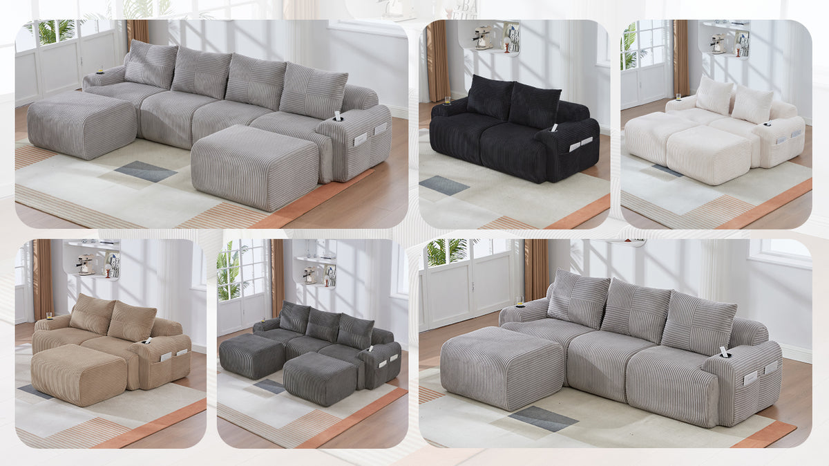 Light Grey Corduroy 3-Seater Modular Sofa with Ottoman — detail 19