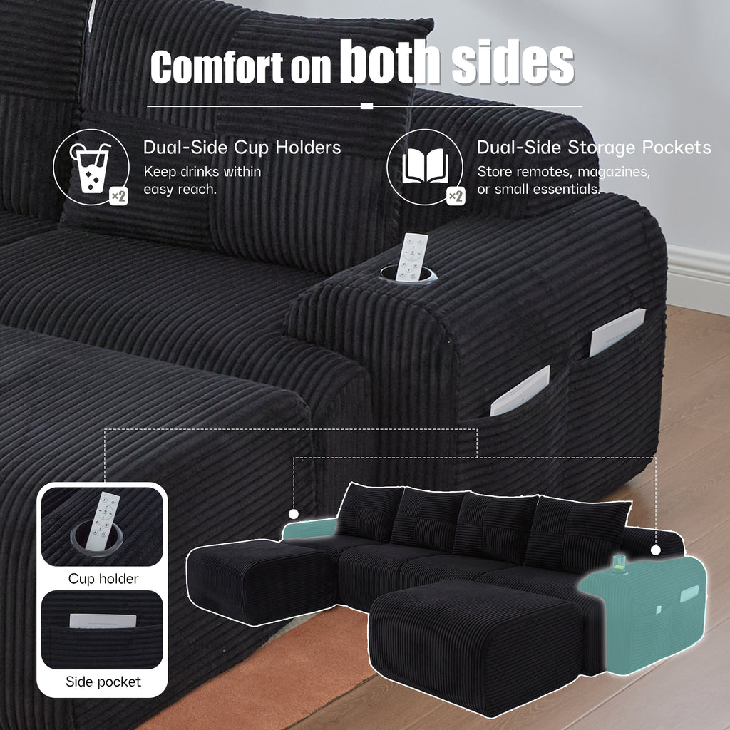 Black Corduroy 4-Seater Modular Sofa with Two Ottomans — detail 7