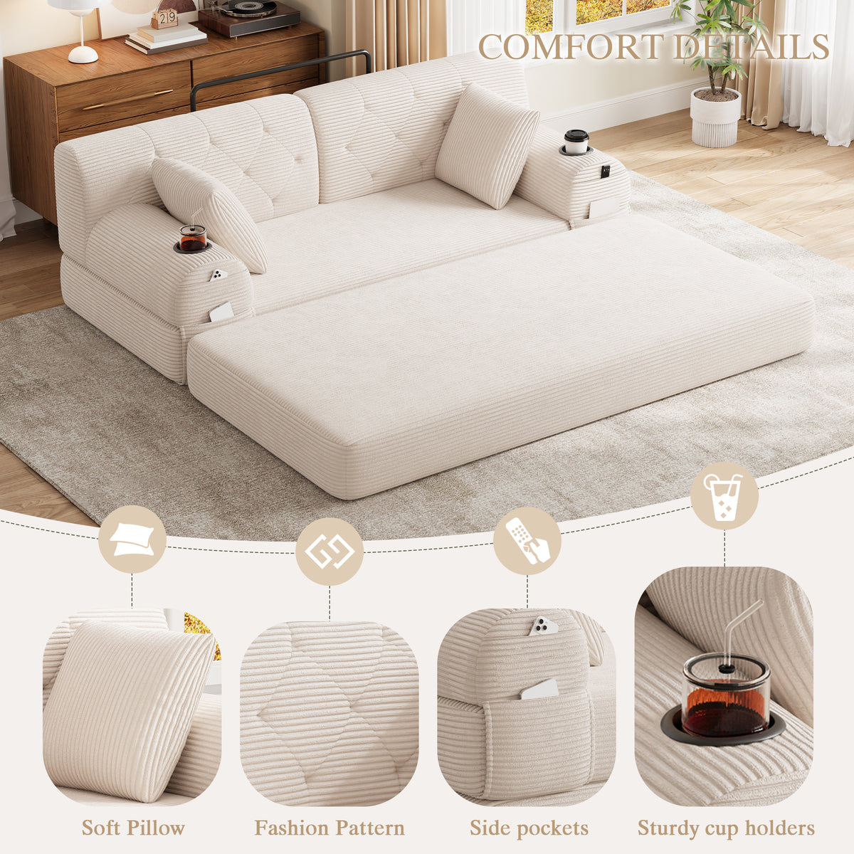 Beige Corduroy 2-Seater Sofa Bed — detail 6