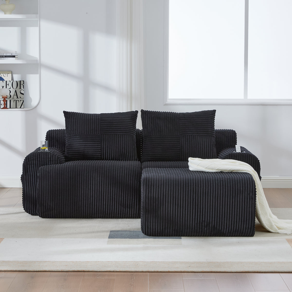 Black Corduroy 2-Seater Modular Sofa with Ottoman — detail 9