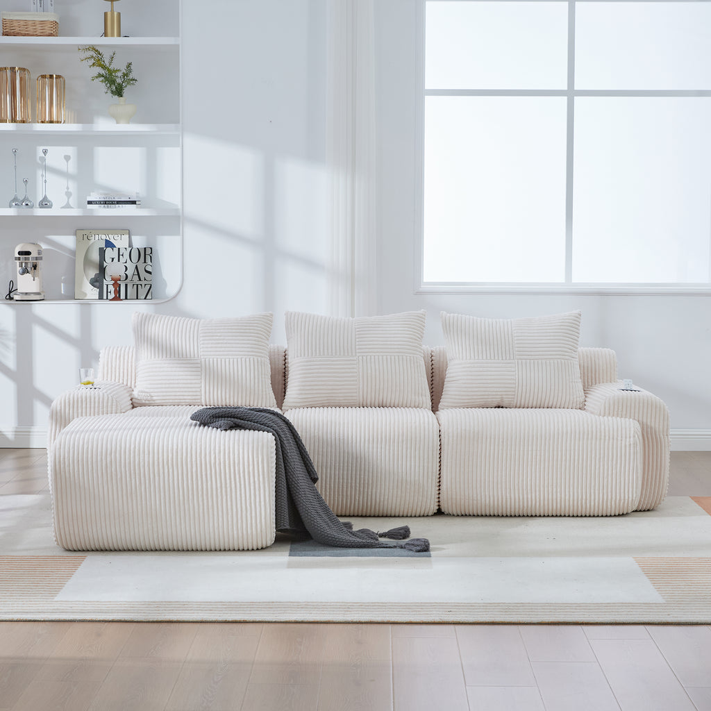 Beige Corduroy 3-Seater Modular Sofa with Ottoman — detail 4