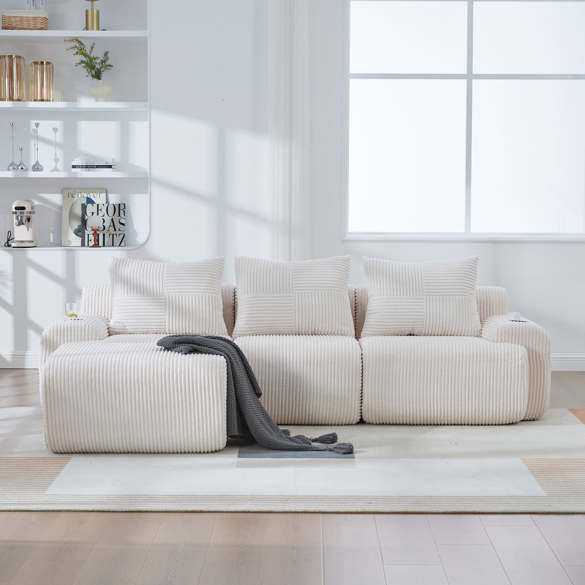 Beige Corduroy 3-Seater Modular Sofa with Ottoman — detail 4
