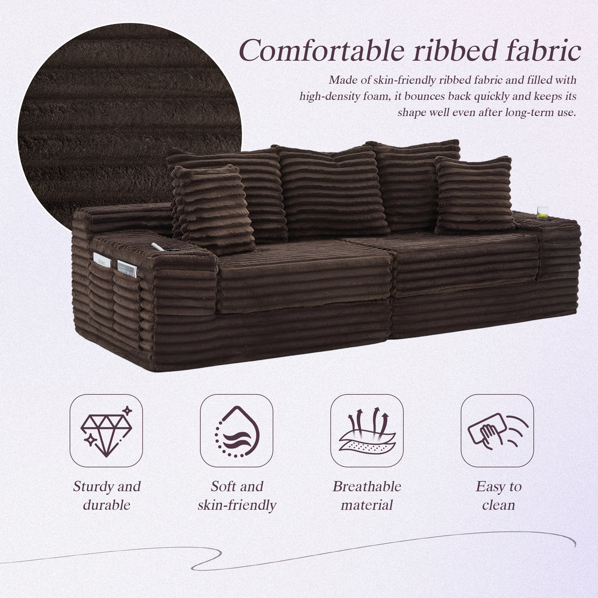 Coffee Corduroy Sofa Bed — detail 5