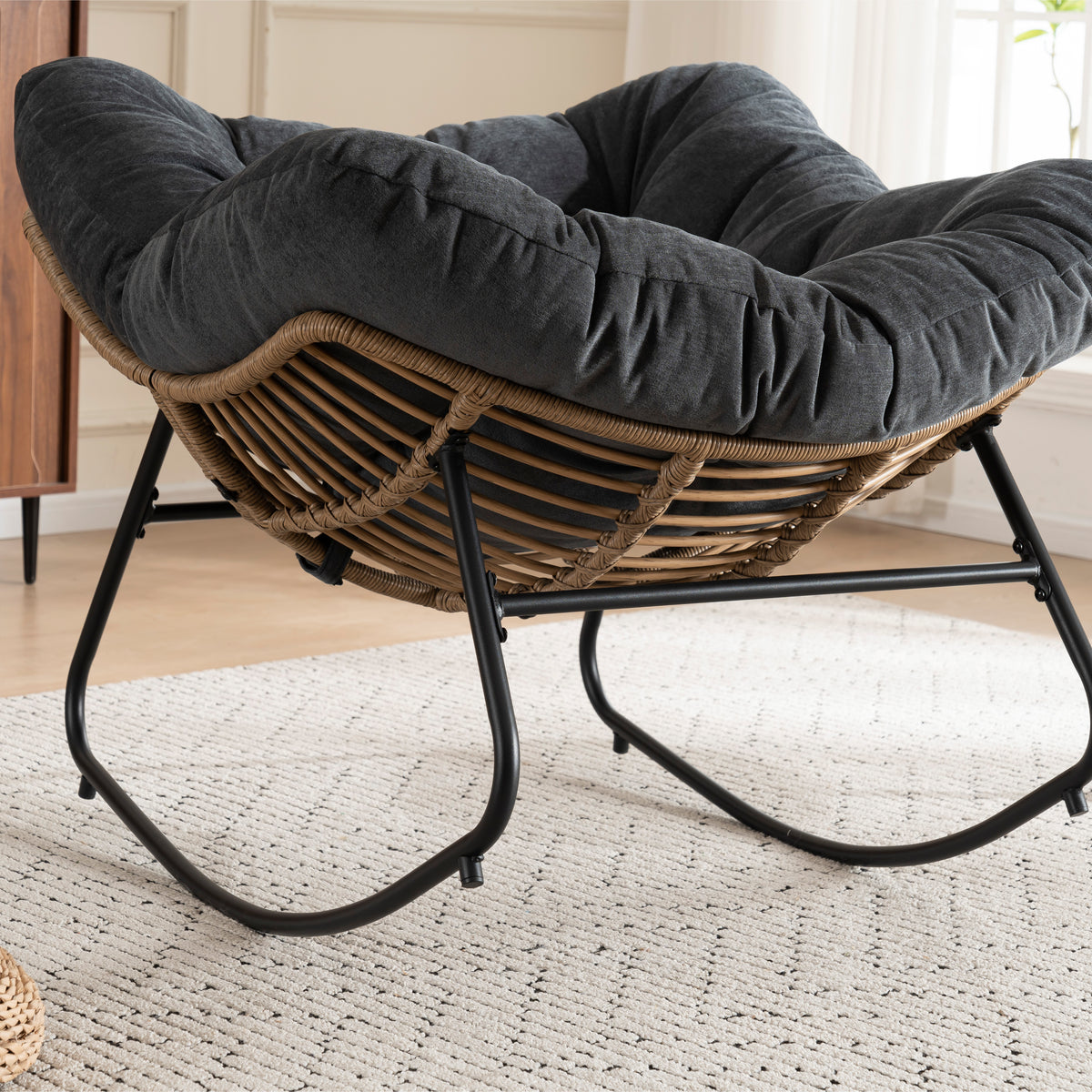 Black Oversized Rattan Rocking Chair with Cushion — detail 3