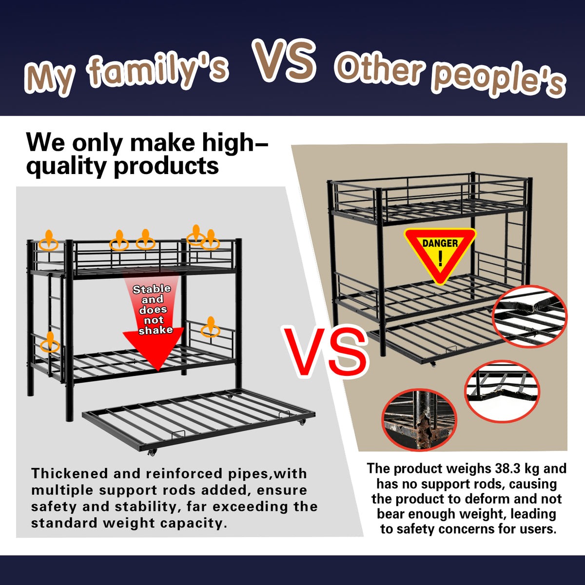 Black Metal Bunk Bed with Pull-Out Trundle – 90 × 190 cm — detail 11