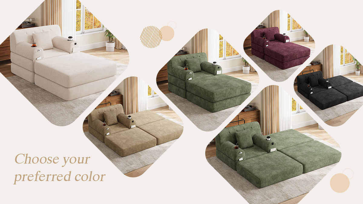Beige Corduroy Sleeper Chair with Ottoman — detail 12