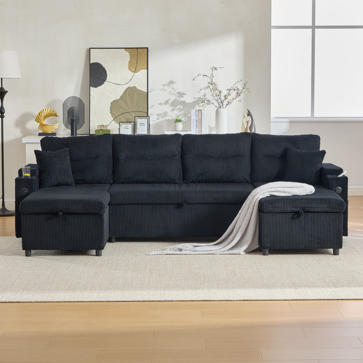 Black Oversized Chenille Chaise Lounge with Pillows — detail 4