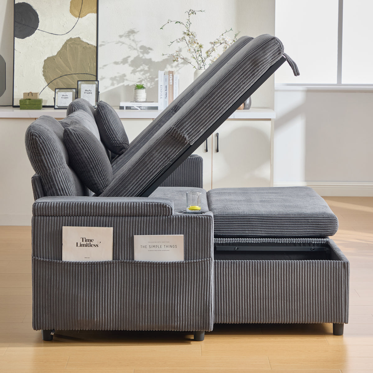 Charcoal grey Oversized Chenille Chaise Lounge with Pillows — detail 20