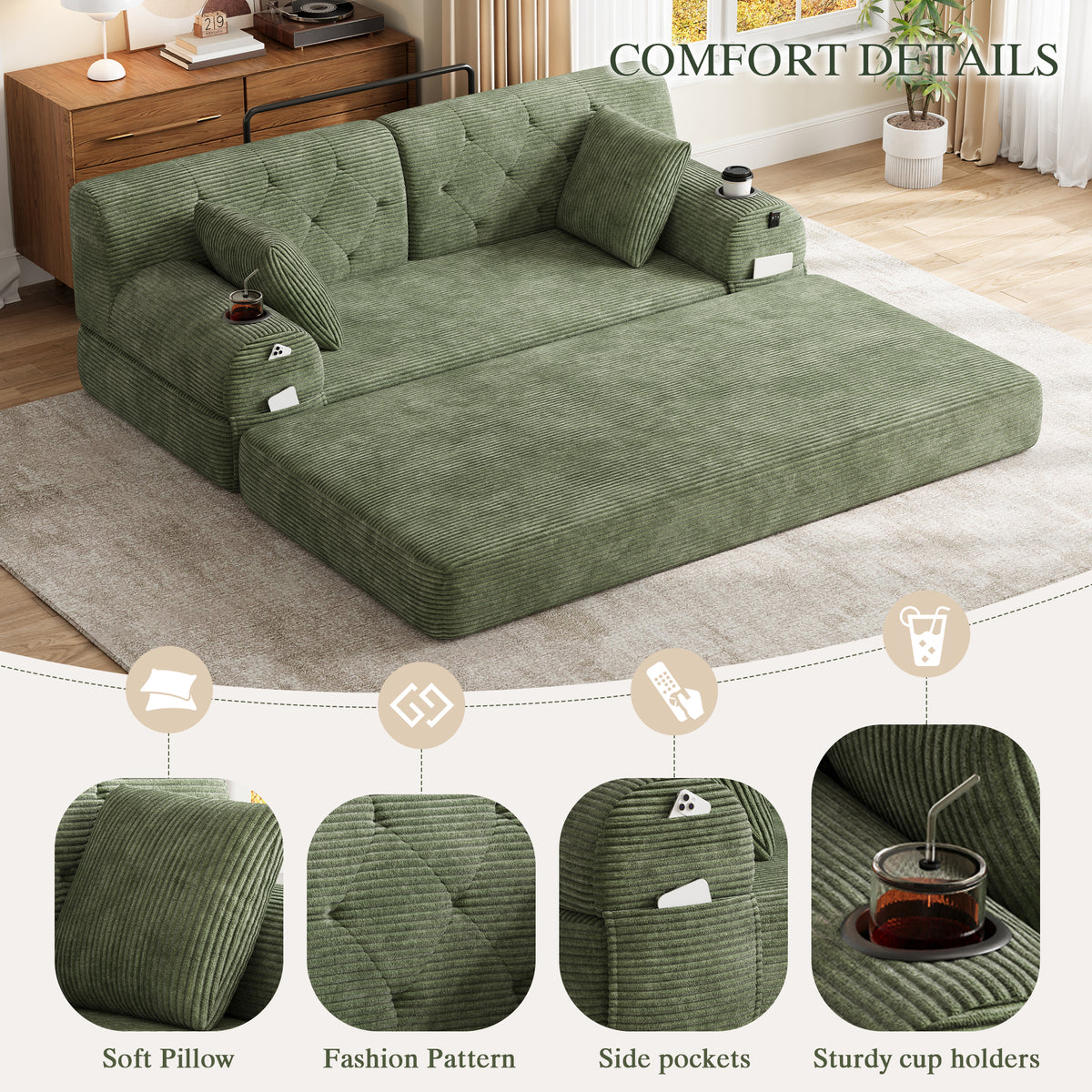 Green Corduroy 2-Seater Sofa Bed — detail 6