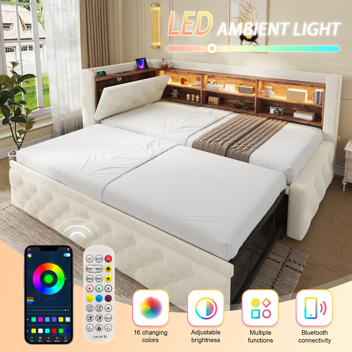 Beige Velvet Storage Bed Frame – 90 × 190 cm — detail 6