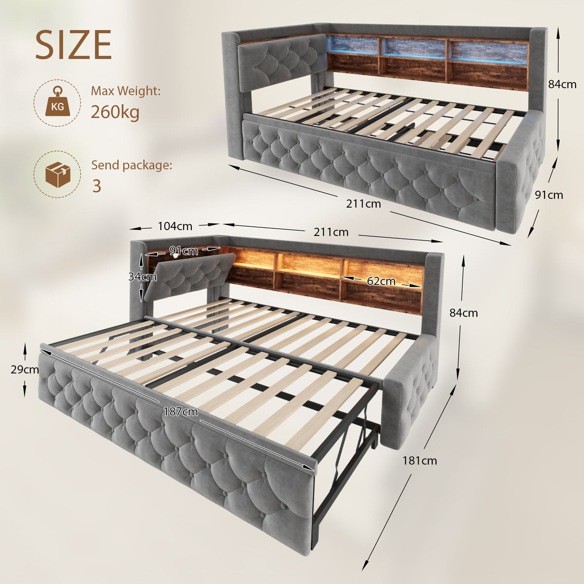 Dark Grey Velvet Storage Bed Frame – 90 × 190 cm — detail 2