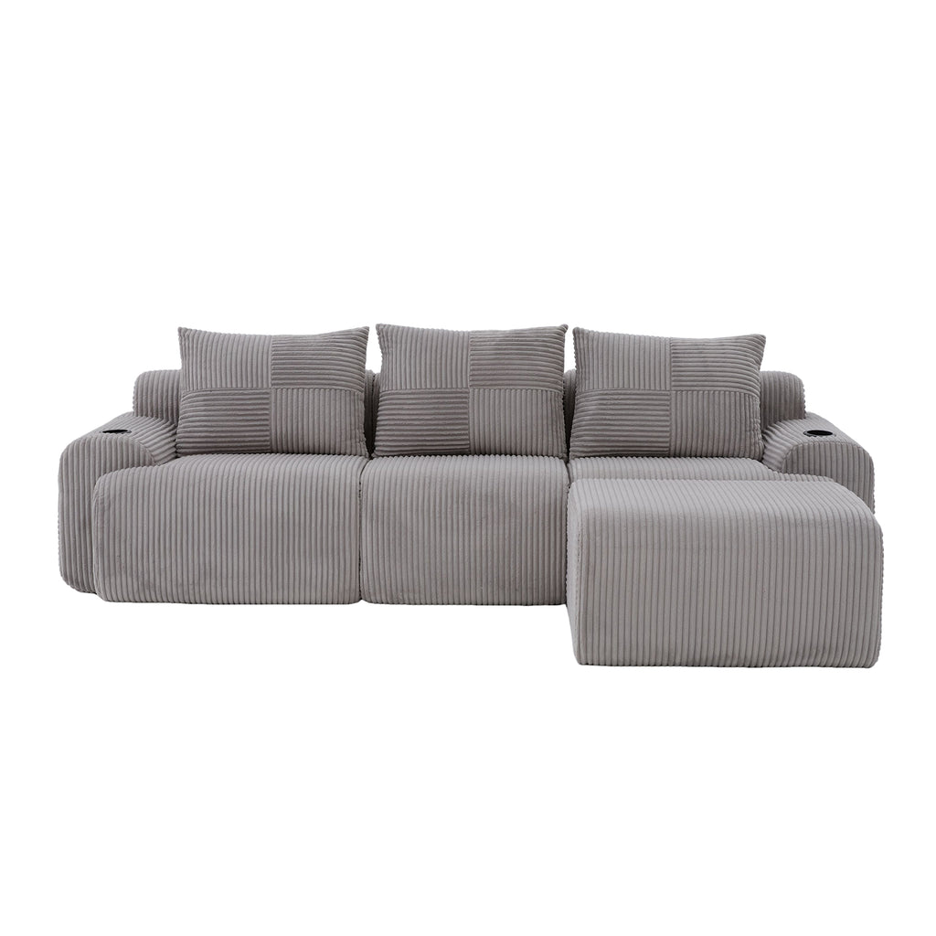 Light Grey Corduroy 3-Seater Modular Sofa with Ottoman — detail 26