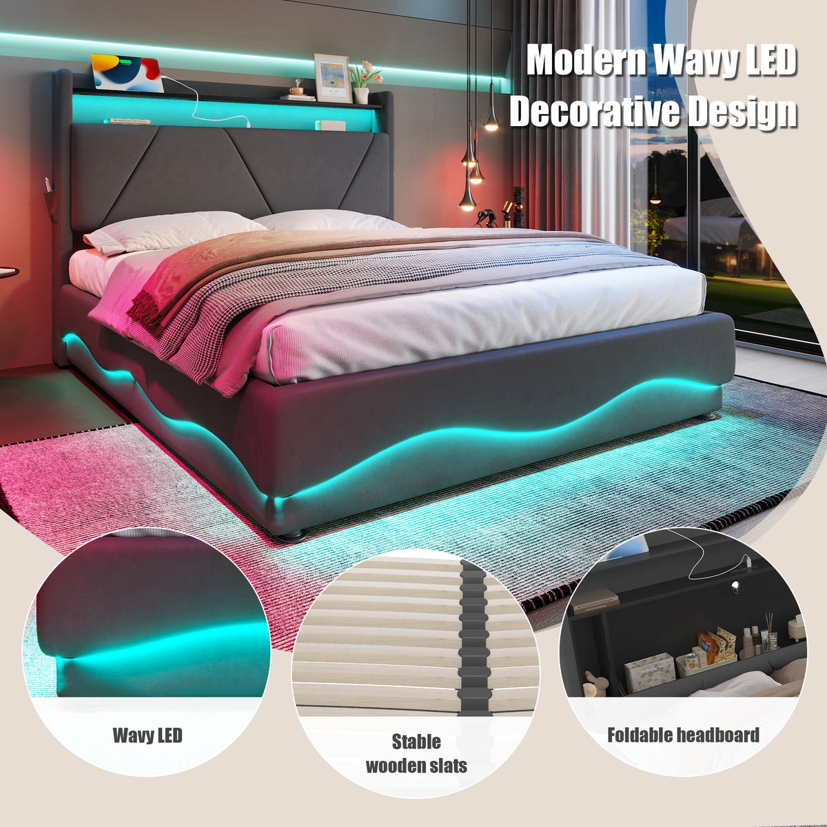 Dark Grey Velvet Storage Bed Frame – 135 × 190 cm — detail 5