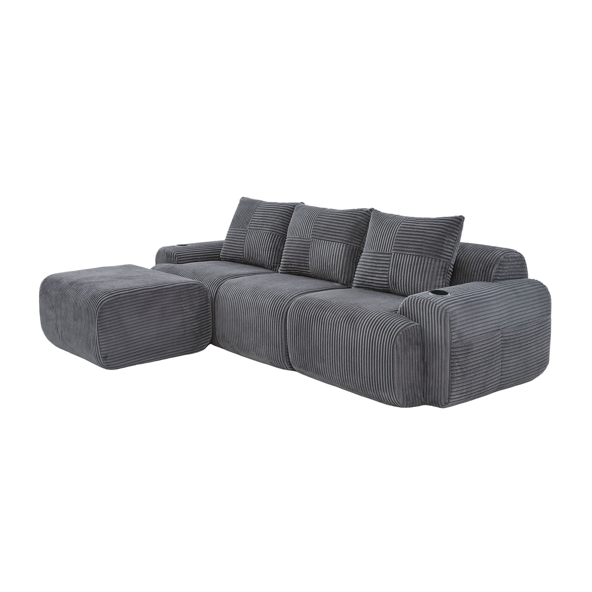 Dark Grey Corduroy 3-Seater Modular Sofa with Ottoman — detail 19