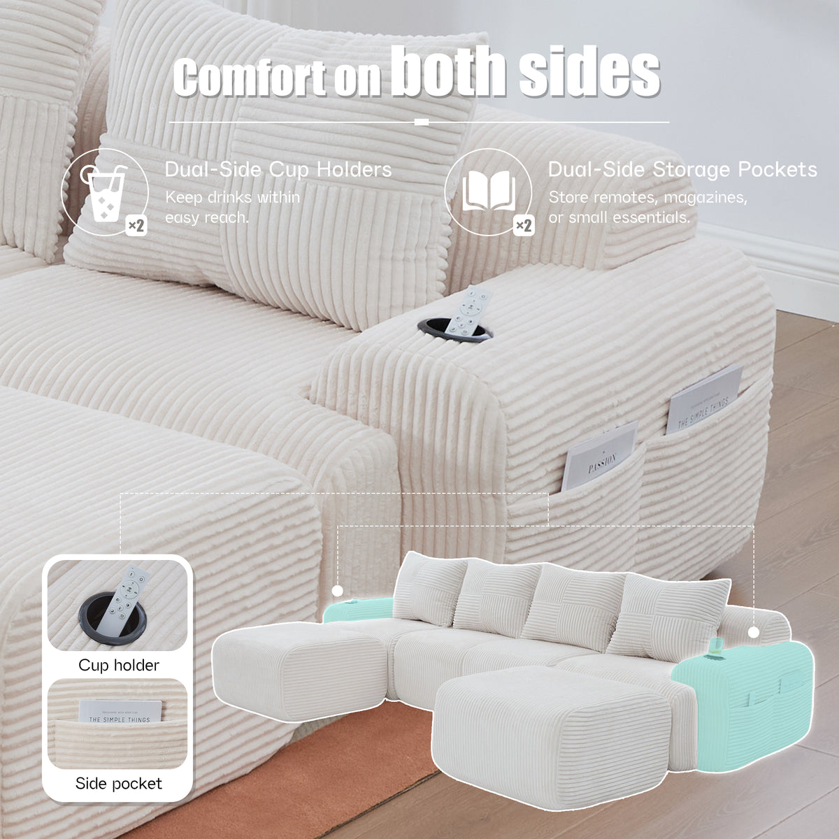 Beige Corduroy 4-Seater Modular Sofa with Two Ottomans — detail 7