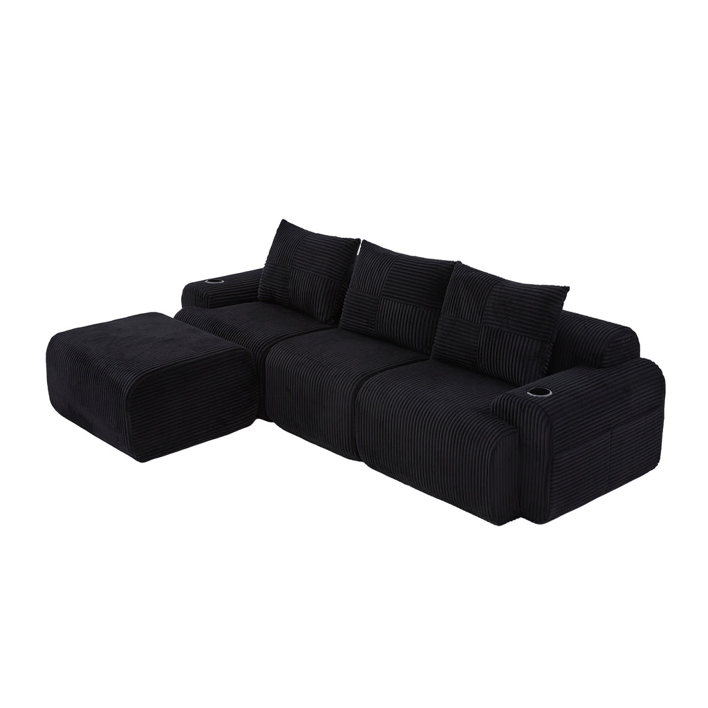 Black Corduroy 3-Seater Modular Sofa with Ottoman — detail 19