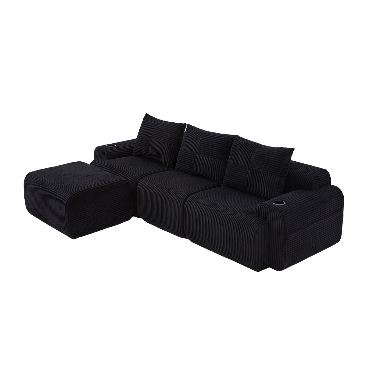 Black Corduroy 3-Seater Modular Sofa with Ottoman — detail 19