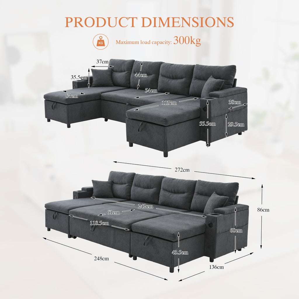 Dark Grey Oversized Chenille Chaise Lounge with Pillows — detail 3