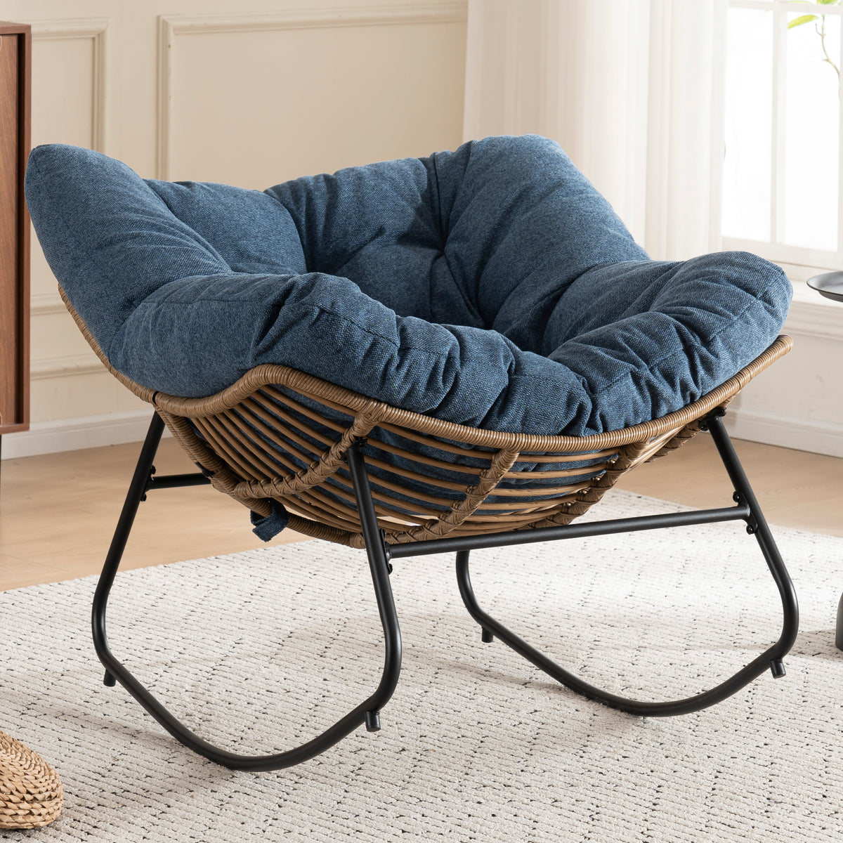 Blue Oversized Rattan Rocking Chair with Cushion — detail 9