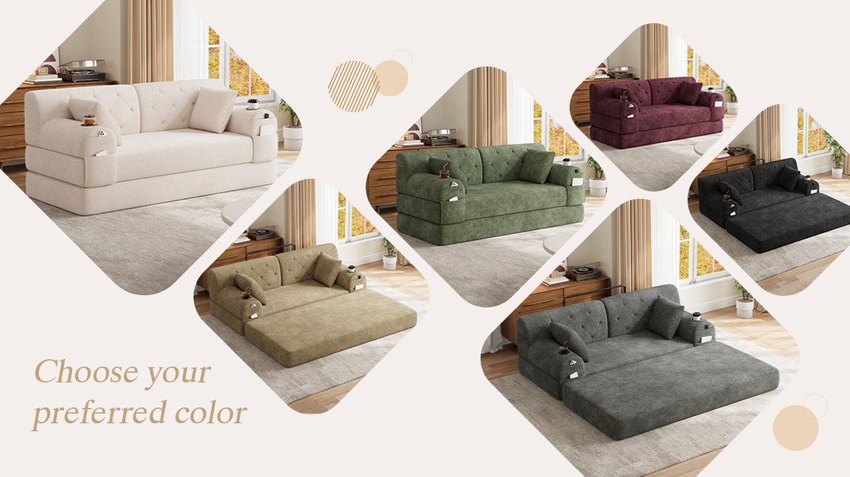 Beige Corduroy 2-Seater Sofa Bed — detail 16