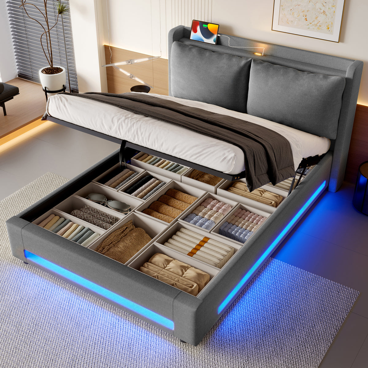 Dark Grey Linen Storage Bed Frame – 135 × 190 cm — detail 7