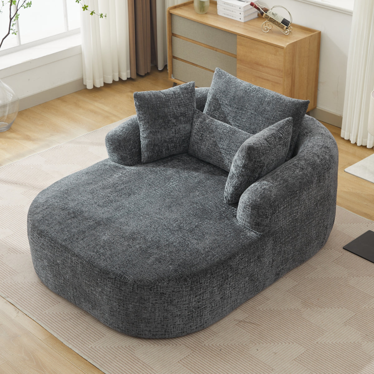 Grey Oversized Chenille Chaise Lounge with Pillows — detail 3